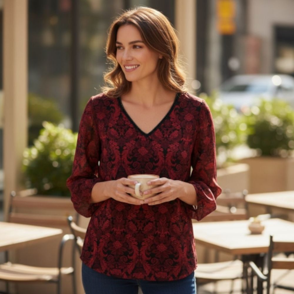 Roz & Ali Elegant Red Patterned Women's Top